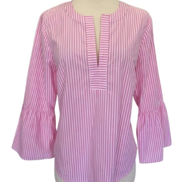 J.Crew Striped Top 2 Cotton Bell Sleeve NWOT Pink and White - Picture 1 of 6